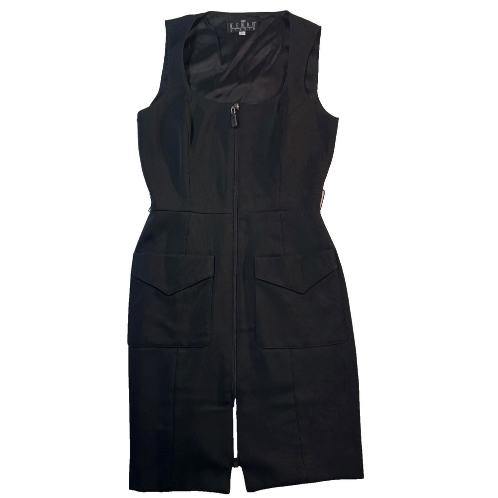Y2K Kenar Studio Black Zip Front Bandage Dress Utility Sheath Pockets Women 2